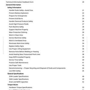 May include: A white page titled "Table of Contents" with a list of safety and general information topics. The topics include safety procedures, specifications, and torque values. The page numbers are listed on the right.