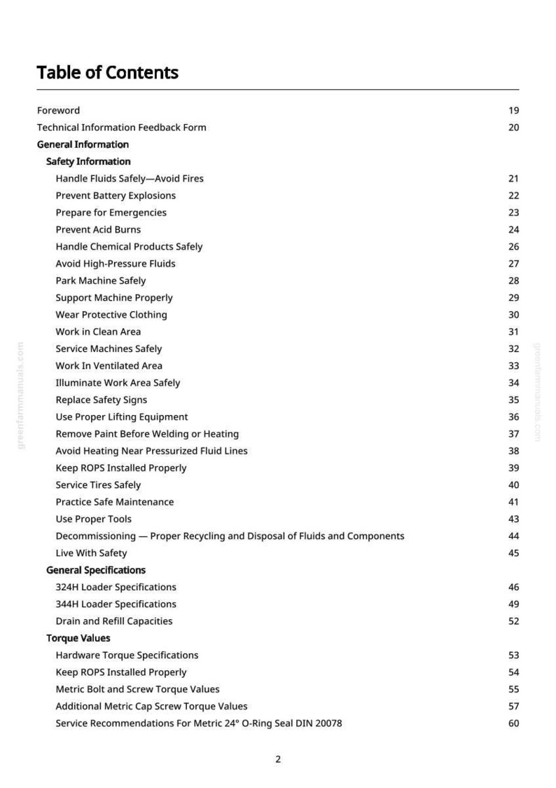 May include: A white page titled "Table of Contents" with a list of safety and general information topics. The topics include safety procedures, specifications, and torque values. The page numbers are listed on the right.