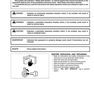 May include: Safety instructions document with the title "SAFETY FIRST" and safety alert symbols. The document provides warnings about potential hazards, including danger, warning, and caution. It also includes instructions for servicing and repairing equipment.