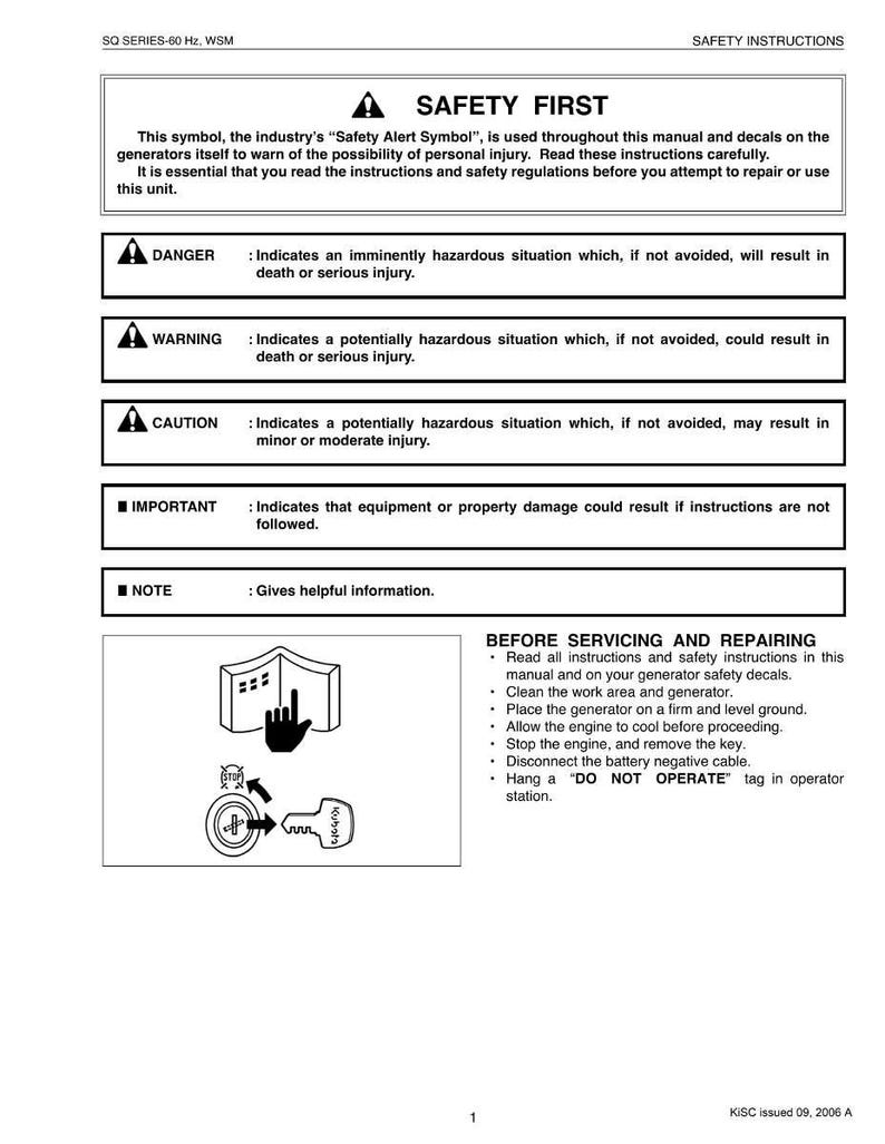 May include: Safety instructions document with the title "SAFETY FIRST" and safety alert symbols. The document provides warnings about potential hazards, including danger, warning, and caution. It also includes instructions for servicing and repairing equipment.