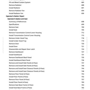 May include: A page from a manual with a table of contents. The text includes "Cooling System," "Operator's Station Repair," and "Protective Structure." The right side has page numbers. The background is white with black text.