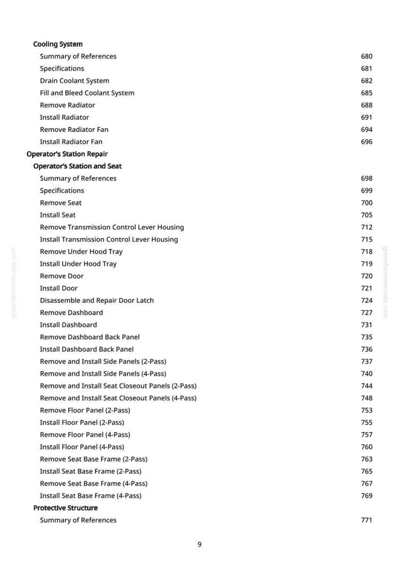 May include: A page from a manual with a table of contents. The text includes "Cooling System," "Operator's Station Repair," and "Protective Structure." The right side has page numbers. The background is white with black text.