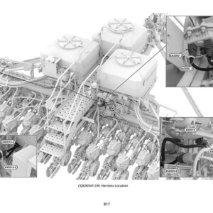 May include: An engineering diagram in grayscale, showcasing the internal components of a machine. The image highlights various parts, including wiring, tanks, and connectors, with labels such as XA3050 and XX2012-2. The text "CQ626541-UN: Harness Location" is visible.