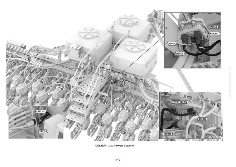 May include: An engineering diagram in grayscale, showcasing the internal components of a machine. The image highlights various parts, including wiring, tanks, and connectors, with labels such as XA3050 and XX2012-2. The text "CQ626541-UN: Harness Location" is visible.