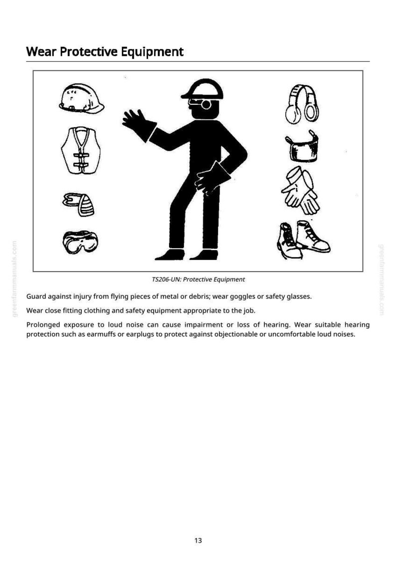 Puede incluir: Ilustraci&oacute;n en blanco y negro titulada "Wear Protective Equipment". Muestra varios elementos de seguridad: un casco, chaleco, orejeras, guantes, botas y gafas de seguridad. Una silueta se&ntilde;ala el equipo.