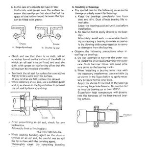 May include: Technical diagram with illustrations and text detailing oil seal installation and bearing handling procedures. Includes diagrams of single-lip and double-lip oil seals, along with instructions for assembly and maintenance. The page is from a manual.