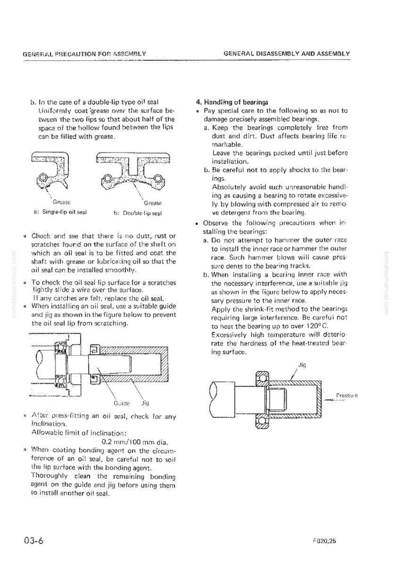 May include: Technical diagram with illustrations and text detailing oil seal installation and bearing handling procedures. Includes diagrams of single-lip and double-lip oil seals, along with instructions for assembly and maintenance. The page is from a manual.