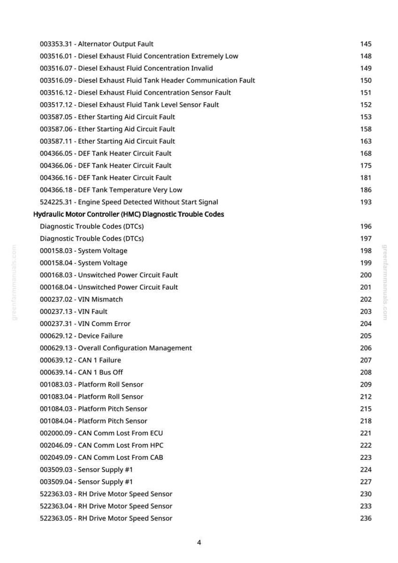 May include: A list of diagnostic trouble codes, including alternator output fault, diesel exhaust fluid issues, and various sensor faults. The codes are accompanied by corresponding numerical values.
