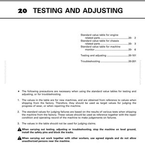 May include: A page from a manual titled "Testing and Adjusting" with text and diagrams. It includes tables for engine and chassis parts, along with safety precautions for machine maintenance and repair. The page is white with black text.