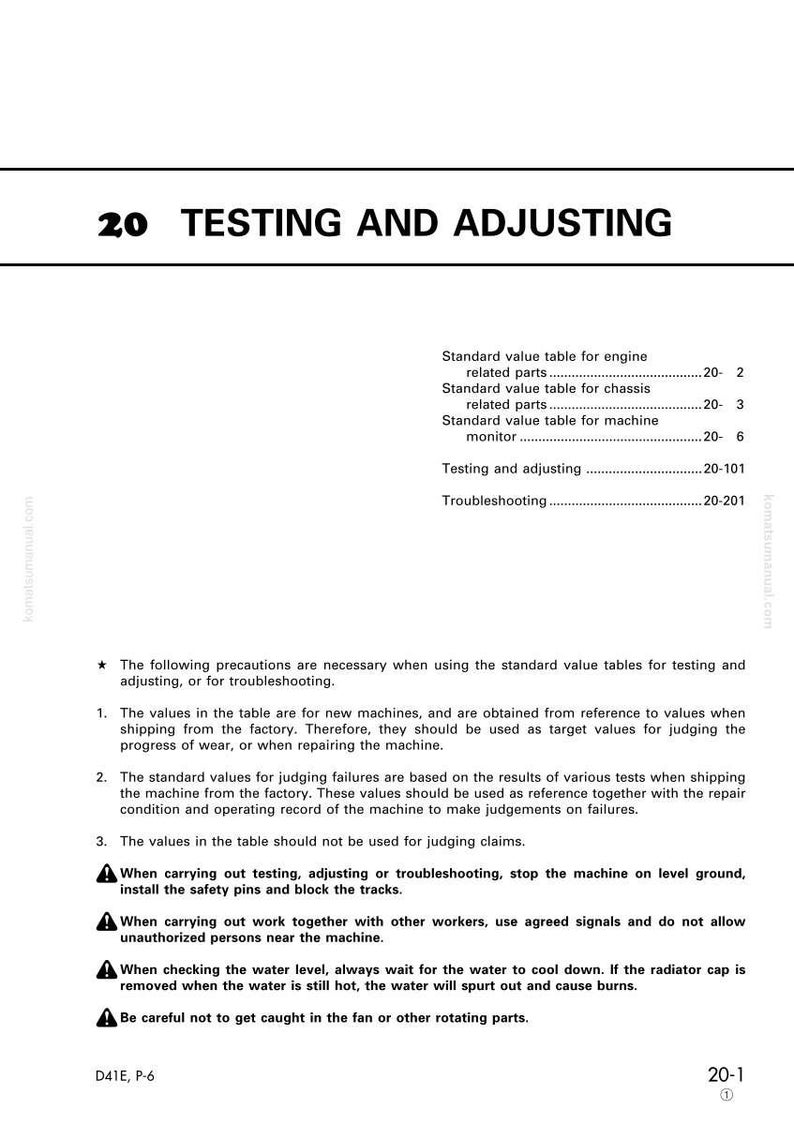 May include: A page from a manual titled "Testing and Adjusting" with text and diagrams. It includes tables for engine and chassis parts, along with safety precautions for machine maintenance and repair. The page is white with black text.