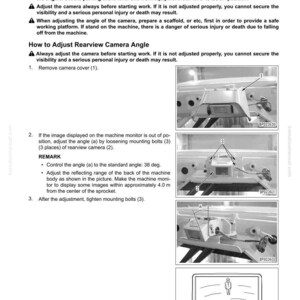 May include: Diagram illustrating the adjustment of a rearview camera angle. The image includes step-by-step instructions with diagrams, including removing the camera cover, adjusting the angle, and tightening bolts. The text includes the standard angle of 38 degrees.