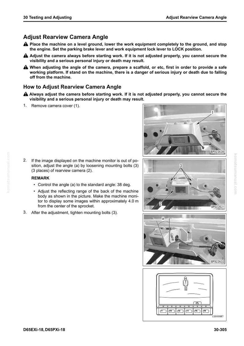 May include: Diagram illustrating the adjustment of a rearview camera angle. The image includes step-by-step instructions with diagrams, including removing the camera cover, adjusting the angle, and tightening bolts. The text includes the standard angle of 38 degrees.