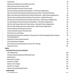 May include: A white page from a manual with a table of contents. The topics include welding, fuel systems, engine repair, and electrical components. Page numbers are listed on the right.