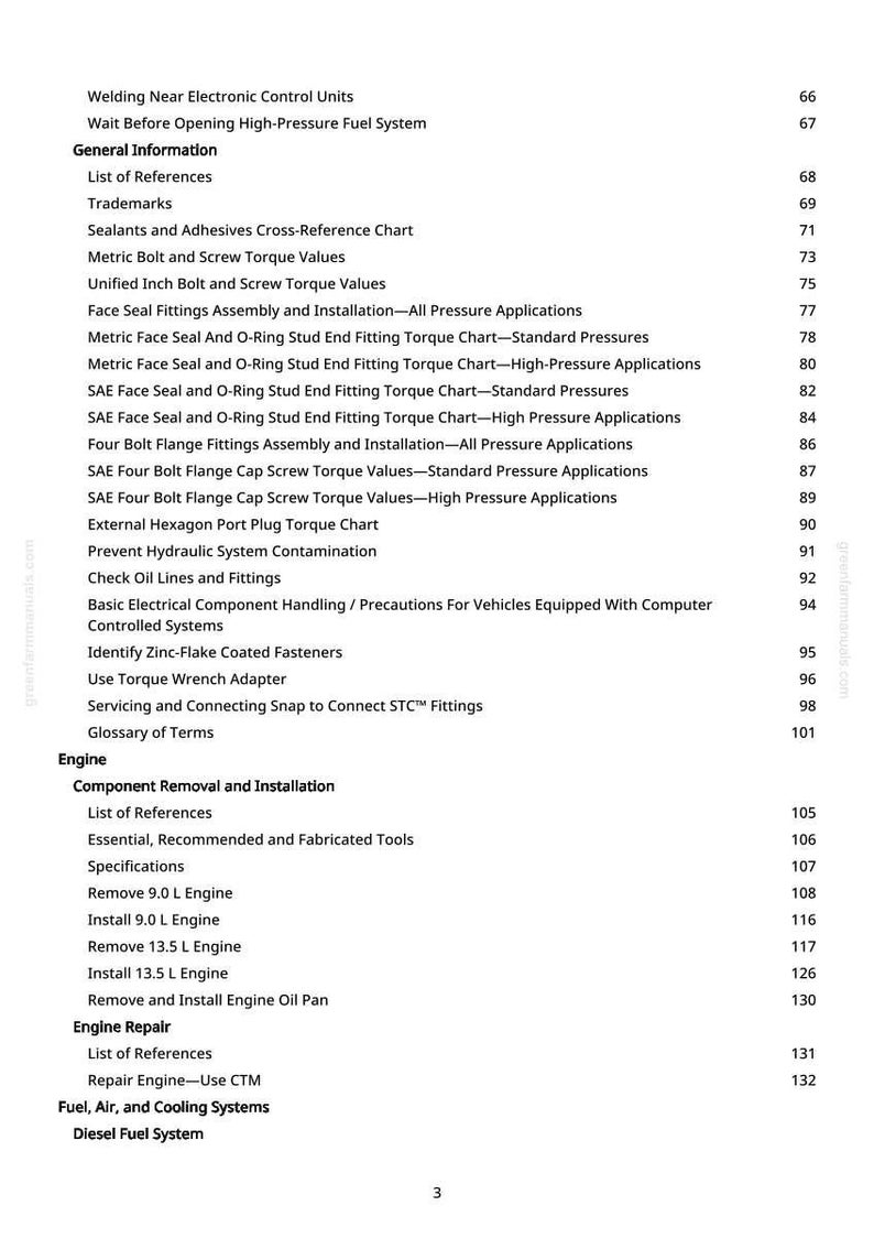 May include: A white page from a manual with a table of contents. The topics include welding, fuel systems, engine repair, and electrical components. Page numbers are listed on the right.