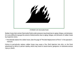 May include: A safety document with the title "Replace Rubber Hoses Periodically." It features a black flame symbol inside a green rectangle, indicating flammable fluids. The text warns of potential hazards from aging hoses.