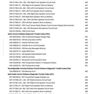 May include: A page from a manual listing diagnostic trouble codes for a vehicle's radio control software. The codes are categorized by type, including CRH, CRU, CSA, and DE7, with descriptions like "Radio Antenna Circuit Fault."