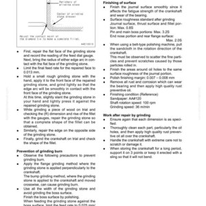 May include: Diagram of a grinding stone and crankshaft repair process, with detailed instructions and illustrations. Includes text on adjusting the stone, finishing surfaces, and preventing grinding burn. Technical manual for machinery repair.