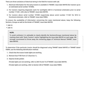 May include: A printed page from the John Deere Werke Mannheim Service Department, detailing electrical wiring information for 6100-6400 tractors. The document includes instructions and references to manuals.