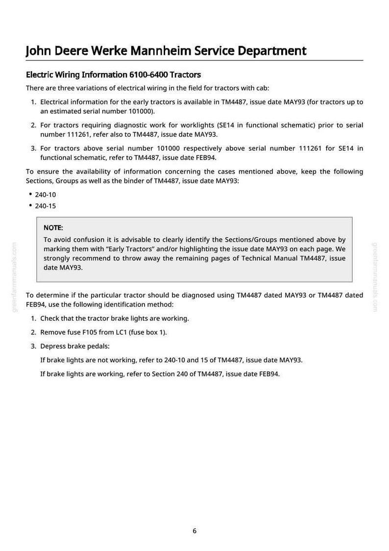 May include: A printed page from the John Deere Werke Mannheim Service Department, detailing electrical wiring information for 6100-6400 tractors. The document includes instructions and references to manuals.