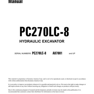 May include: A white shop manual cover with the text "Shop Manual" at the top. The title "PC270LC-8 HYDRAULIC EXCAVATOR" is prominently displayed. Includes serial numbers and copyright information. The manual is printed in the USA.