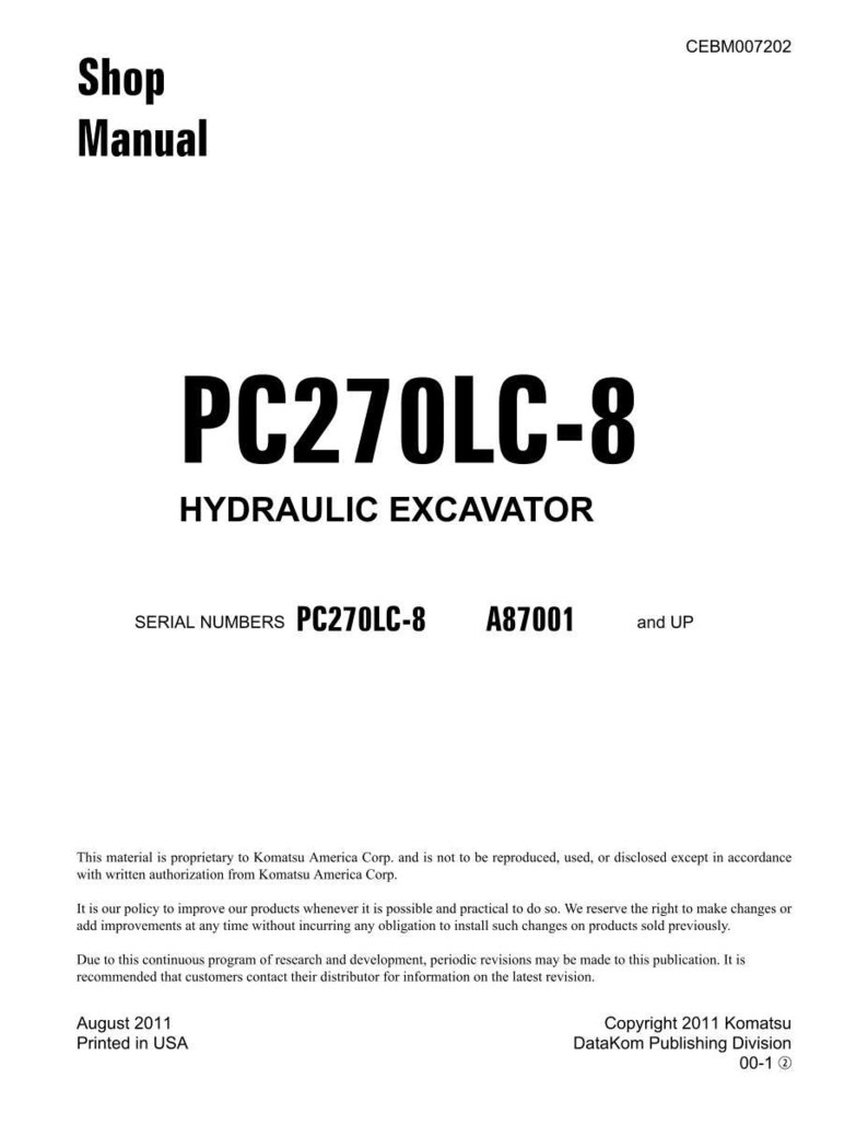 May include: A white shop manual cover with the text "Shop Manual" at the top. The title "PC270LC-8 HYDRAULIC EXCAVATOR" is prominently displayed. Includes serial numbers and copyright information. The manual is printed in the USA.
