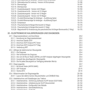K&ouml;nnte beinhalten: Ein detailliertes Inhaltsverzeichnis in deutscher Sprache, das verschiedene Komponenten und Systeme auflistet, darunter Bremssysteme, elektronische Kalibrierungen und Traktoreinstellungen. Das Dokument enth&auml;lt Seitenzahlen.