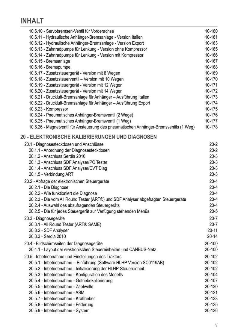 K&ouml;nnte beinhalten: Ein detailliertes Inhaltsverzeichnis in deutscher Sprache, das verschiedene Komponenten und Systeme auflistet, darunter Bremssysteme, elektronische Kalibrierungen und Traktoreinstellungen. Das Dokument enth&auml;lt Seitenzahlen.