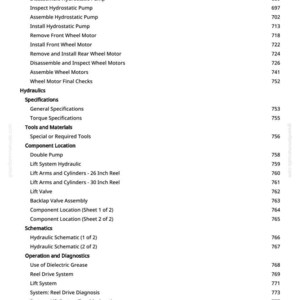 Puede incluir: Una p&aacute;gina de manual con una lista de procedimientos de reparaci&oacute;n y mantenimiento para un motor de rueda. El texto incluye temas como hidr&aacute;ulica, esquemas y diagn&oacute;sticos, con n&uacute;meros de p&aacute;gina correspondientes.