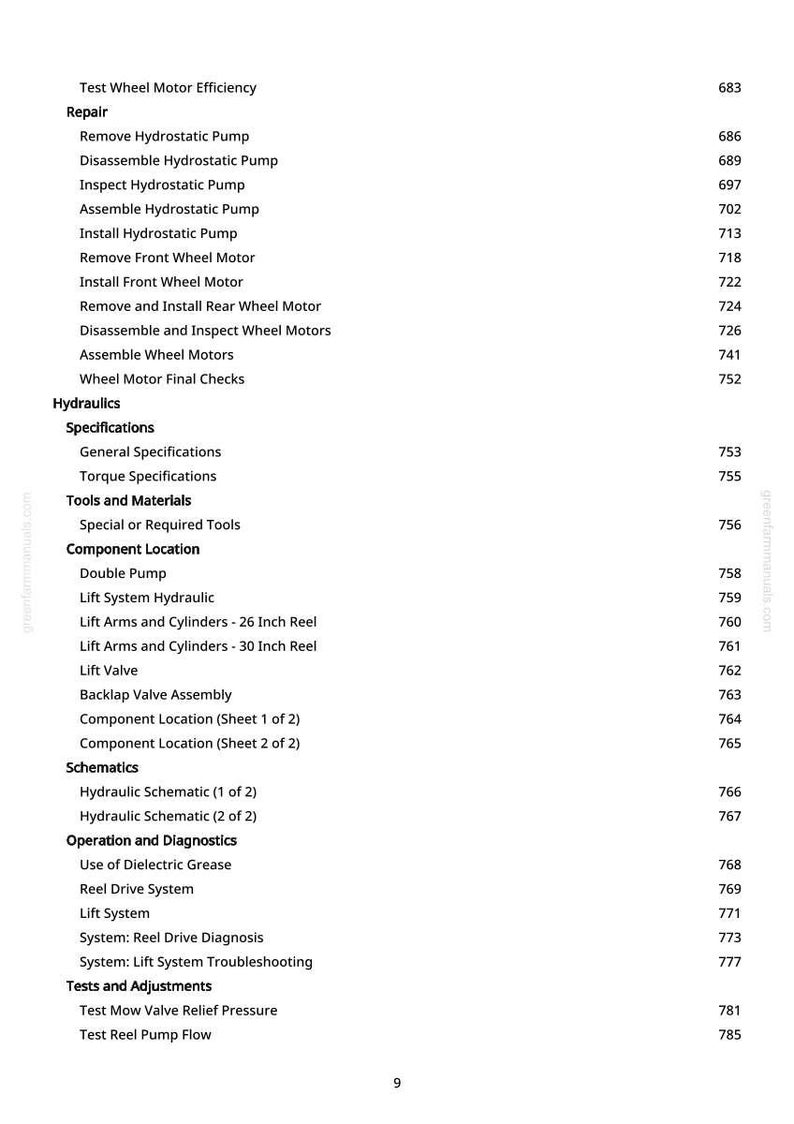 Puede incluir: Una p&aacute;gina de manual con una lista de procedimientos de reparaci&oacute;n y mantenimiento para un motor de rueda. El texto incluye temas como hidr&aacute;ulica, esquemas y diagn&oacute;sticos, con n&uacute;meros de p&aacute;gina correspondientes.