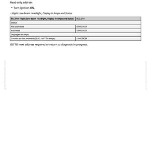 May include: A white document detailing the status of a right low-beam headlight, displaying information in amps. The document includes a table showing the status as "Not activated" and "Activated", with current readings.