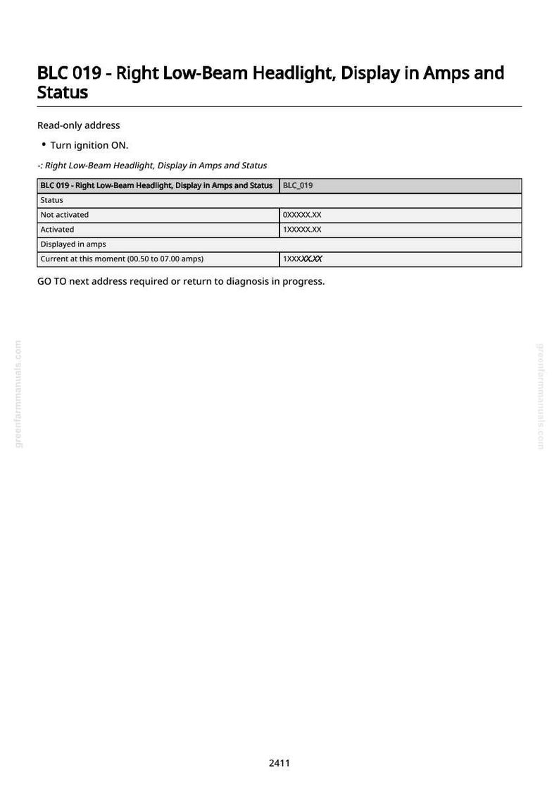 May include: A white document detailing the status of a right low-beam headlight, displaying information in amps. The document includes a table showing the status as "Not activated" and "Activated", with current readings.