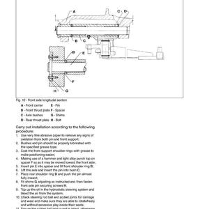May include: Diagram of an extendible axle, labeled with letters A through H, showing a front axle longitudinal section. Includes a list of parts and an installation procedure. Text reads "Extendible axle".