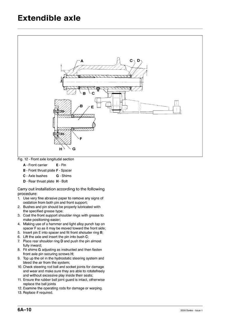 May include: Diagram of an extendible axle, labeled with letters A through H, showing a front axle longitudinal section. Includes a list of parts and an installation procedure. Text reads "Extendible axle".