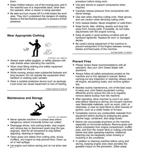 May include: Safety guidelines and instructions for operating machinery are displayed. The text covers topics like wearing appropriate clothing, preventing fires, and maintenance. The page includes illustrations and warnings.