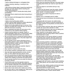 May include: A page from a safety manual with the title "Safety" at the top. The text provides instructions for the safe operation and maintenance of machinery, including warnings about fuel, blades, and moving parts. The page number "10" is in the bottom right corner.