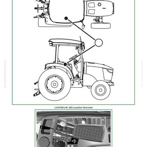 Peut inclure: Sch&eacute;ma d'un tracteur, avec une vue d'ensemble et un gros plan du tableau de bord. La vue d'ensemble montre le tracteur sous diff&eacute;rents angles. Le gros plan du tableau de bord affiche des commandes et des &eacute;crans. Le texte sur l'image indique "LV24768-UN: S65 Location Overview" et "1724".