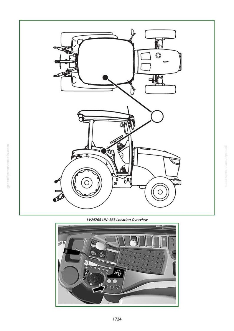 Peut inclure: Sch&eacute;ma d'un tracteur, avec une vue d'ensemble et un gros plan du tableau de bord. La vue d'ensemble montre le tracteur sous diff&eacute;rents angles. Le gros plan du tableau de bord affiche des commandes et des &eacute;crans. Le texte sur l'image indique "LV24768-UN: S65 Location Overview" et "1724".