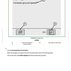 Może przedstawiać: Strona z instrukcji obsługi kombajnu do bawełny z tekstem i diagramami. Na g&oacute;rze strony wyświetla się "Cotton Harvester - Diagnostics Information" i "Increase ground speed". Strona pokazuje krok 2 z 6 z legendą.