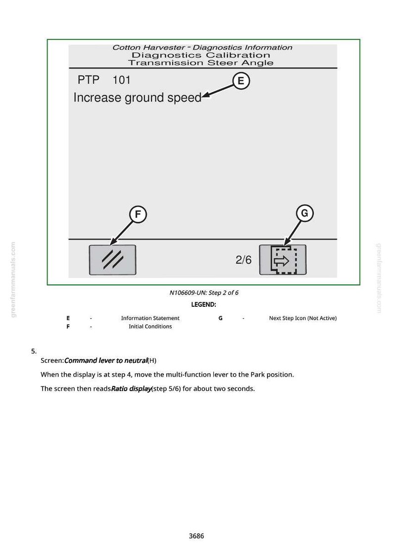 Może przedstawiać: Strona z instrukcji obsługi kombajnu do bawełny z tekstem i diagramami. Na g&oacute;rze strony wyświetla się "Cotton Harvester - Diagnostics Information" i "Increase ground speed". Strona pokazuje krok 2 z 6 z legendą.