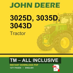 Puede incluir: Un tractor John Deere se muestra sobre un fondo amarillo. El tractor es verde y amarillo, con los n&uacute;meros de modelo 3025D, 3035D y 3043D. La palabra "Tractor" est&aacute; debajo. La pancarta inferior dice "TM - ALL INCLUSIVE".