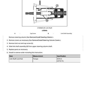 May include: Diagram illustrating the removal and installation of a steering column link shaft. The image includes a detailed mechanical drawing with labels for cap screws and link shaft assembly, along with a table specifying torque measurements of 30 N-m (22 lb.-ft.).