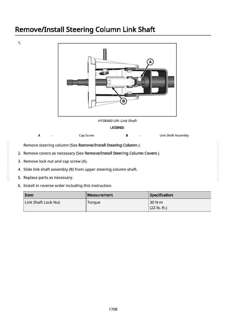 May include: Diagram illustrating the removal and installation of a steering column link shaft. The image includes a detailed mechanical drawing with labels for cap screws and link shaft assembly, along with a table specifying torque measurements of 30 N-m (22 lb.-ft.).