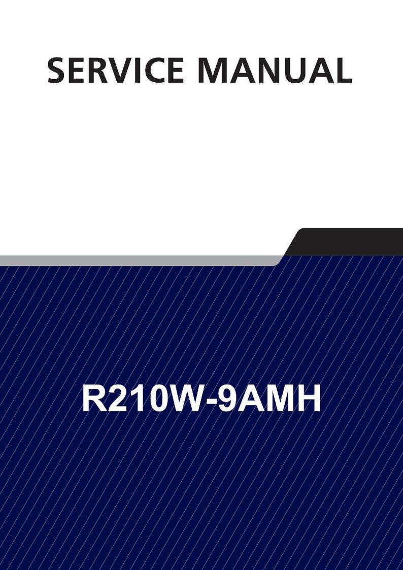 Puede incluir: Un manual de servicio con el t&iacute;tulo "SERVICE MANUAL" en negrita, texto negro en la parte superior. La secci&oacute;n inferior presenta el texto "R210W-9AMH" en blanco. El fondo es azul oscuro con l&iacute;neas diagonales blancas.