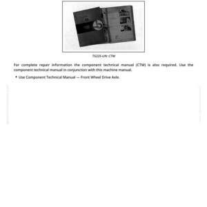 May include: Image of a manual titled "Disassemble, Inspect, and Assemble Steering Cylinder - MFWD Axle." The manual is open, revealing diagrams and text. The text "TS225-UN: CTM" is visible. The image is on a white background.