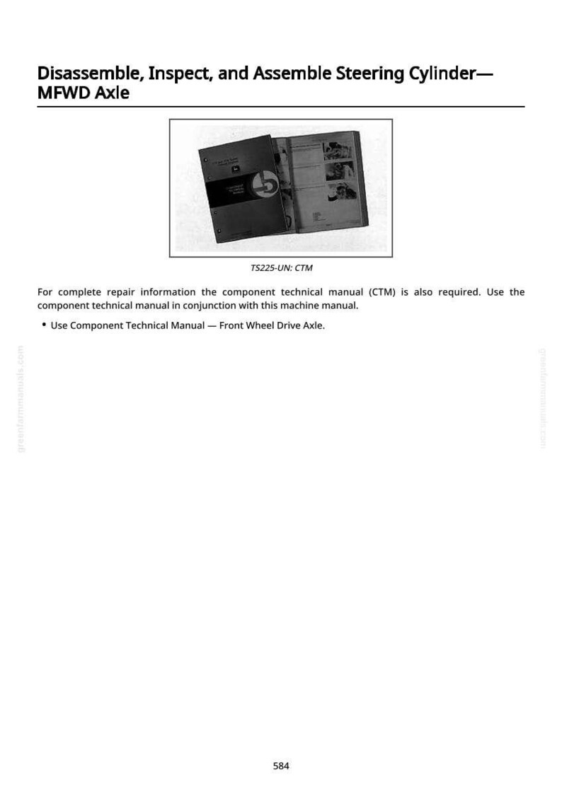 May include: Image of a manual titled "Disassemble, Inspect, and Assemble Steering Cylinder - MFWD Axle." The manual is open, revealing diagrams and text. The text "TS225-UN: CTM" is visible. The image is on a white background.