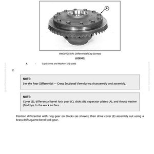Puede incluir: Diagrama de un conjunto diferencial con tornillos y arandelas, etiquetado 'RW70105-UN'. La imagen, parte de un manual, muestra el proceso de desmontaje. El texto indica la extracci&oacute;n de 12 tornillos.