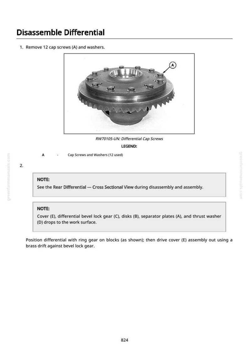 Puede incluir: Diagrama de un conjunto diferencial con tornillos y arandelas, etiquetado 'RW70105-UN'. La imagen, parte de un manual, muestra el proceso de desmontaje. El texto indica la extracci&oacute;n de 12 tornillos.