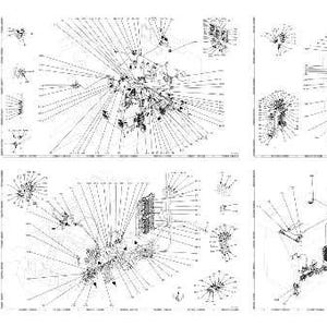 May include: A technical drawing in black and white, featuring a detailed list of text on the left and several diagrams on the right. The diagrams consist of radiating lines and geometric shapes, providing a complex visual representation.
