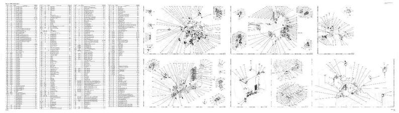 May include: A technical drawing in black and white, featuring a detailed list of text on the left and several diagrams on the right. The diagrams consist of radiating lines and geometric shapes, providing a complex visual representation.