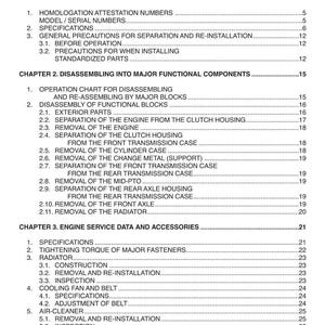 May include: A black and white table of contents page from a manual. The text includes chapter titles, section headings, and page numbers. The document covers topics like engine service data, specifications, and disassembly.